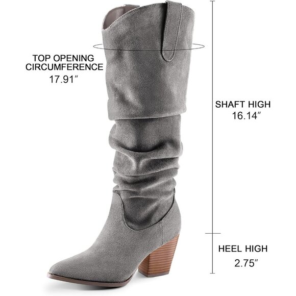 Women's Grey Mysoft Cowboy Knee High Boots Pointed Toe Chunky Heel Slouchy - Picture 3 of 6